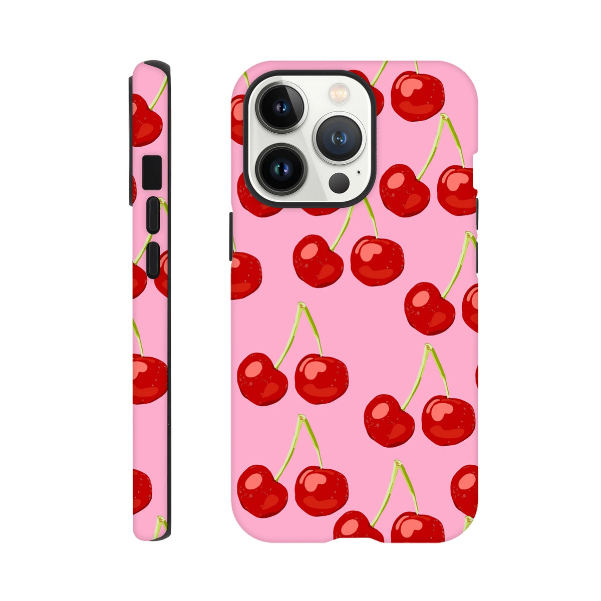 Pink iPhone case featuring a cute red cherry pattern with seamless wraparound print and tough protective edges.