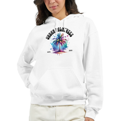 Urban Palm Trees Hoodie for Women featuring colorful palm tree graphic and front pouch pocket.