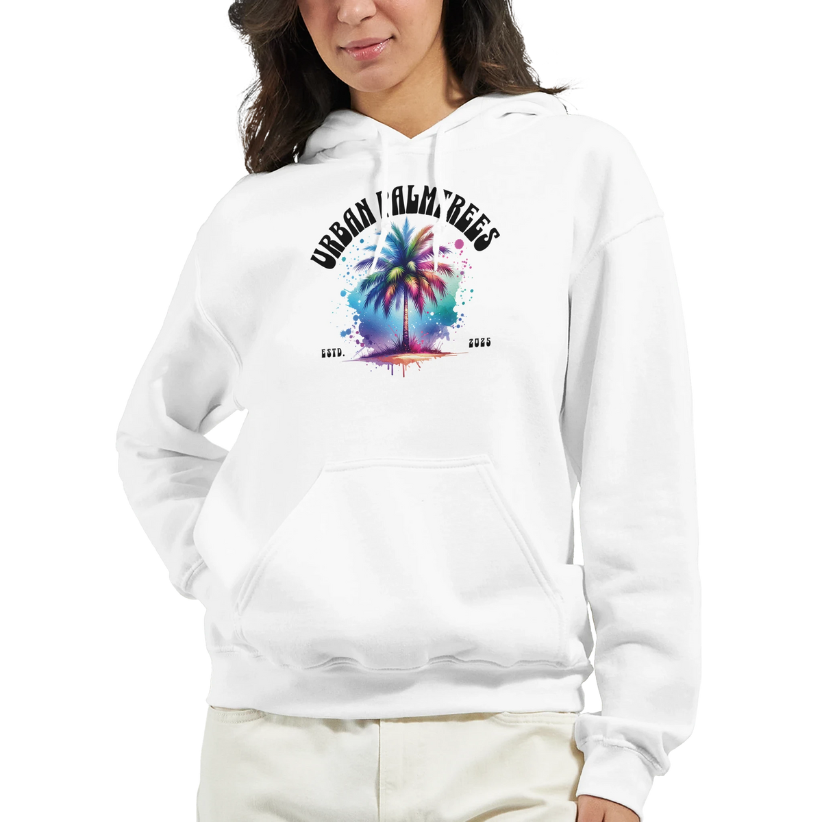 Urban Palm Trees Hoodie for Women featuring colorful palm tree graphic and front pouch pocket.