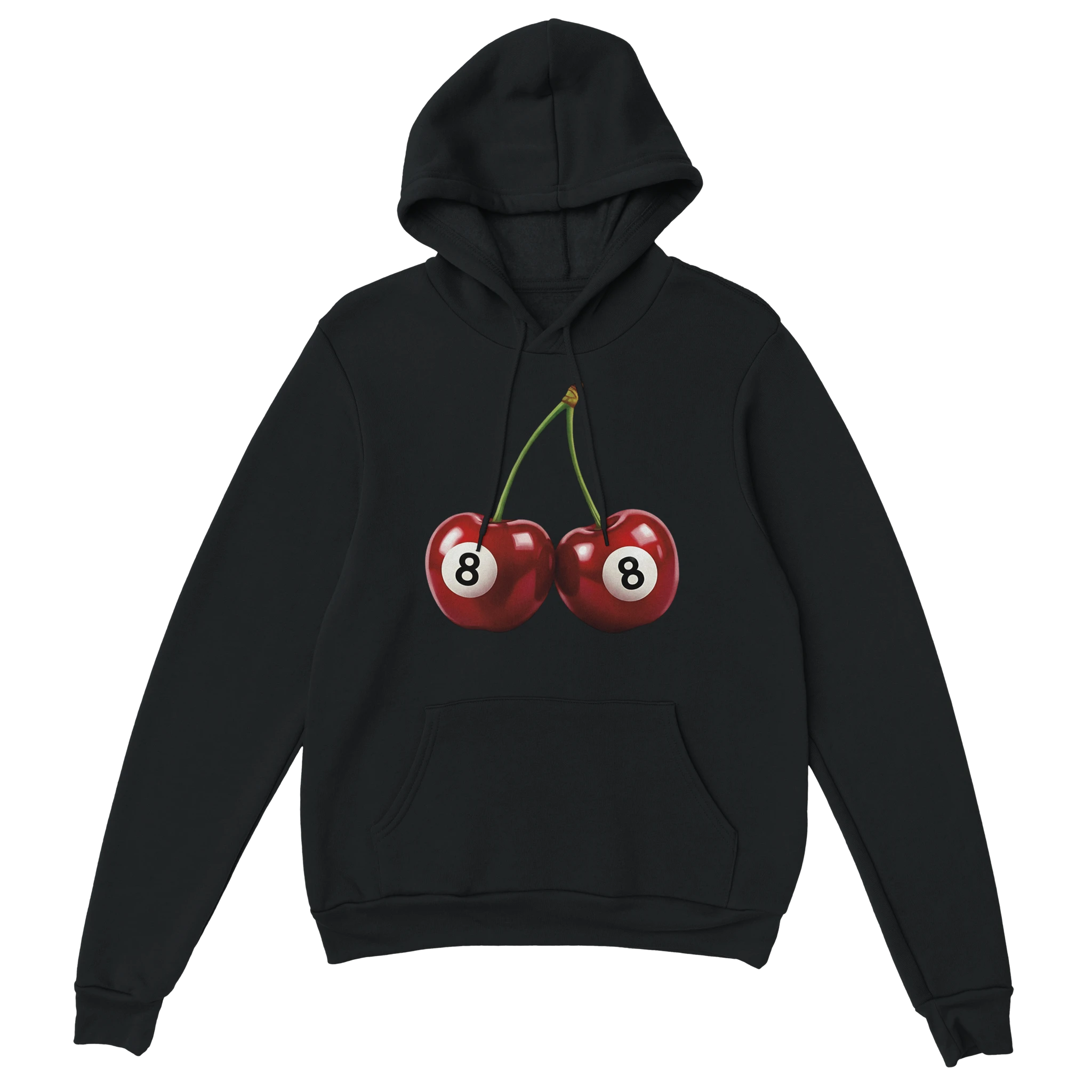 Black women's cotton-blend hoodie with cherry graphic, two 8-ball cherries, front pocket.