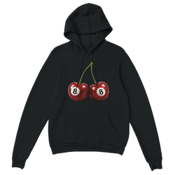 Black women's cotton-blend hoodie with cherry graphic, two 8-ball cherries, front pocket.