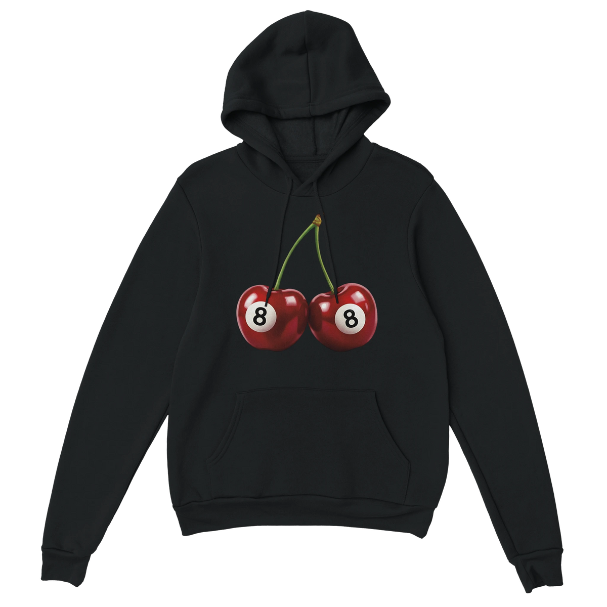 Black women's cotton-blend hoodie with cherry graphic, two 8-ball cherries, front pocket.