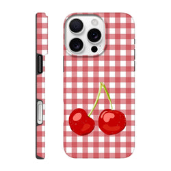 Red gingham iPhone case featuring a cute cherry illustration, offering tough protection with a crisp checkered streetwear design.