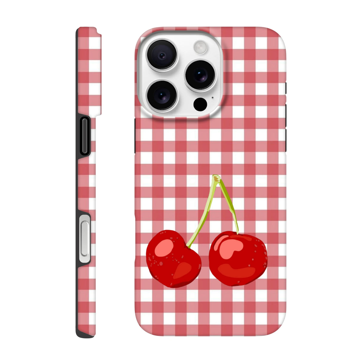 Red gingham iPhone case featuring a cute cherry illustration, offering tough protection with a crisp checkered streetwear design.