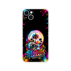 Turbo car culture iPhone case featuring a rainbow palm tree, metallic turbocharger, and vibrant neon paint splatters on a black background.