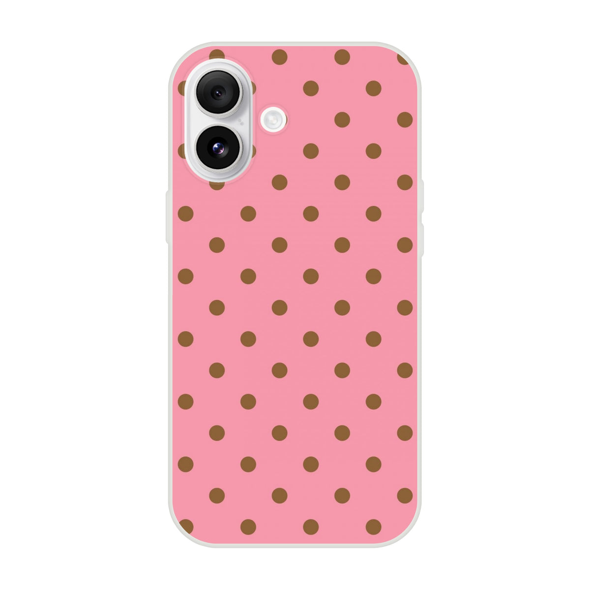 Retro pink iPhone case with brown polka dots. Flexible thermoplastic polyurethane shell offering low-bulk protection for daily use.