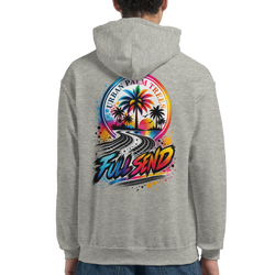 Back view of a grey Full Send petrolhead hoodie featuring a colorful retro graphic with palm trees, a sunset, tire tracks, and "Urban Palm Trees" text.
