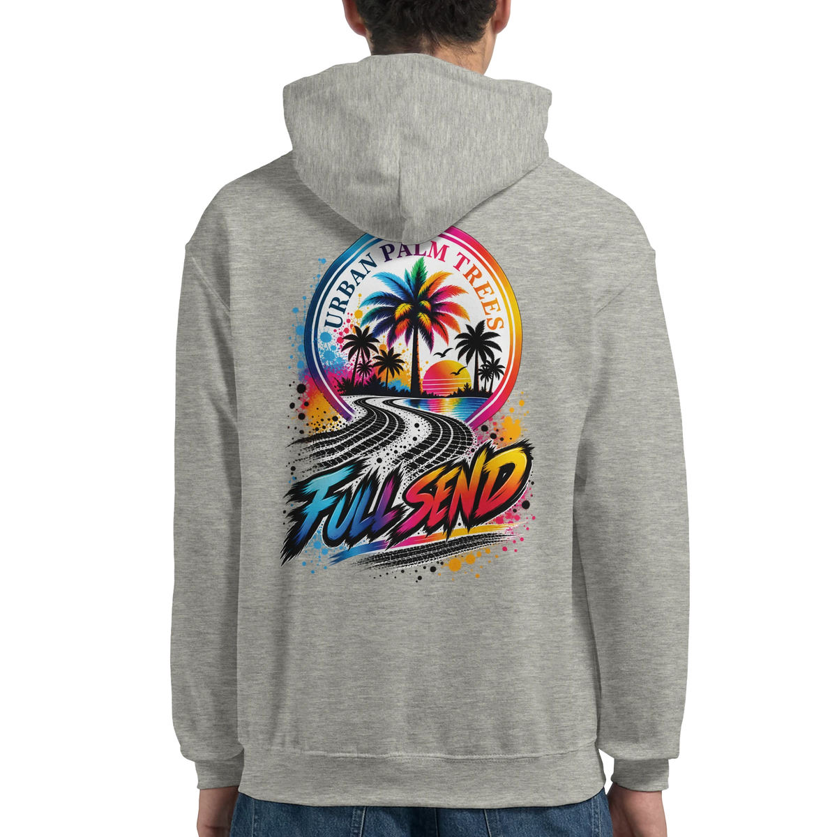 Back view of a grey Full Send petrolhead hoodie featuring a colorful retro graphic with palm trees, a sunset, tire tracks, and "Urban Palm Trees" text.