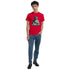 Statue of Liberty DJ graphic T-shirt on red tee with Lady Liberty spinning on the decks