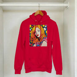 Red hoodie featuring a colourful retro pop art print of a blonde woman with polka dots against a black background.