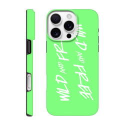 Bright green Y2K aesthetic iPhone case featuring bold white "Wild and Free" wraparound slogan print and shock-absorbing shell.