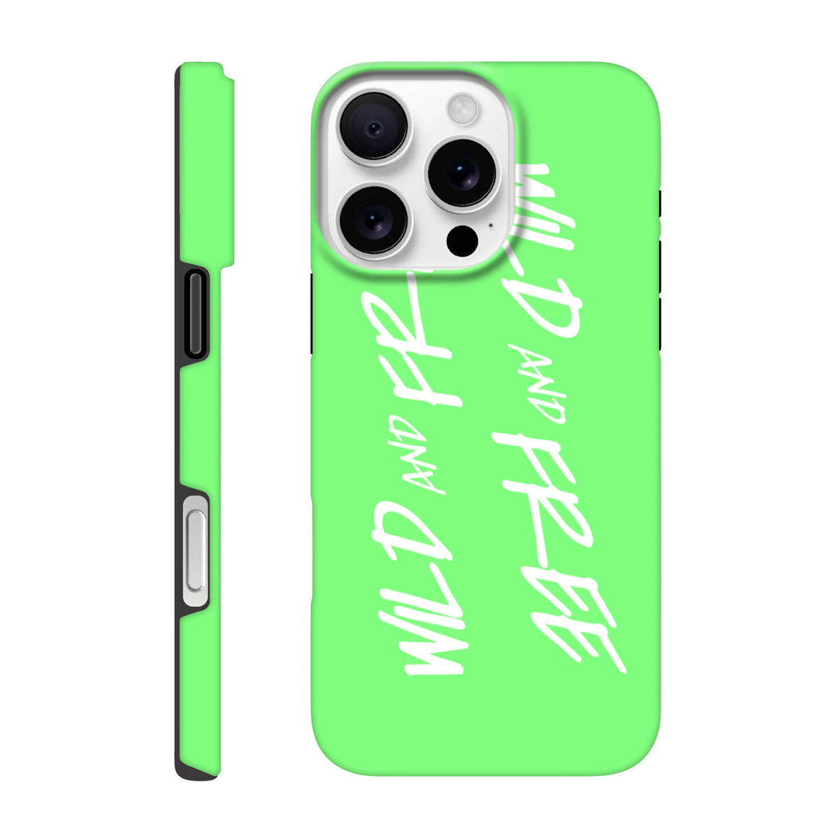 Bright green Y2K aesthetic iPhone case featuring bold white "Wild and Free" wraparound slogan print and shock-absorbing shell.
