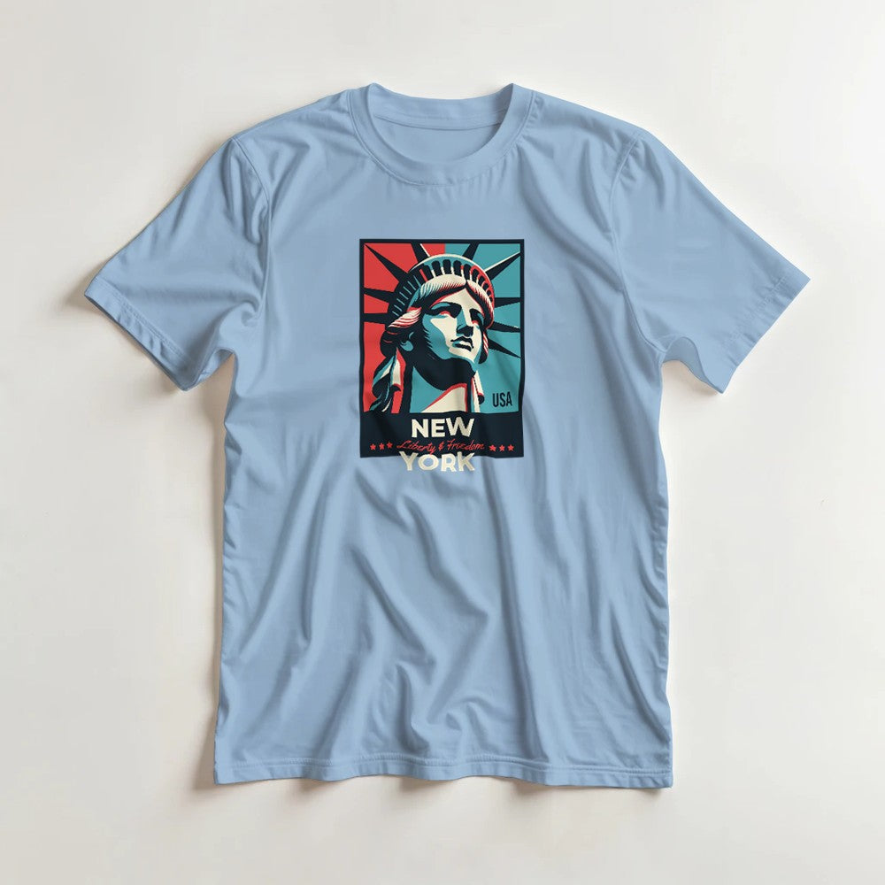 New York graphic T-shirt with Statue of Liberty poster on light blue cotton blend tee, sizes S–XL