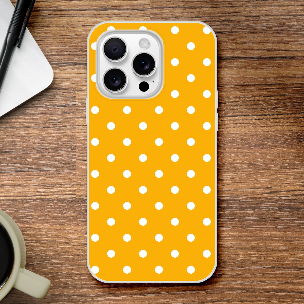Retro orange and white polka dot iPhone case with slim TPU protection for models 13-16. Matte finish shock-absorbing cover.