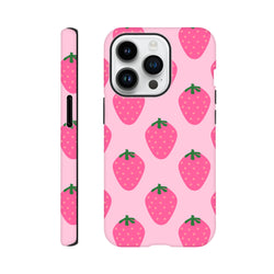 Pink tough iPhone case featuring a cute strawberry pattern with high-gloss wraparound printing for reliable defense on iPhone 13-16 models.