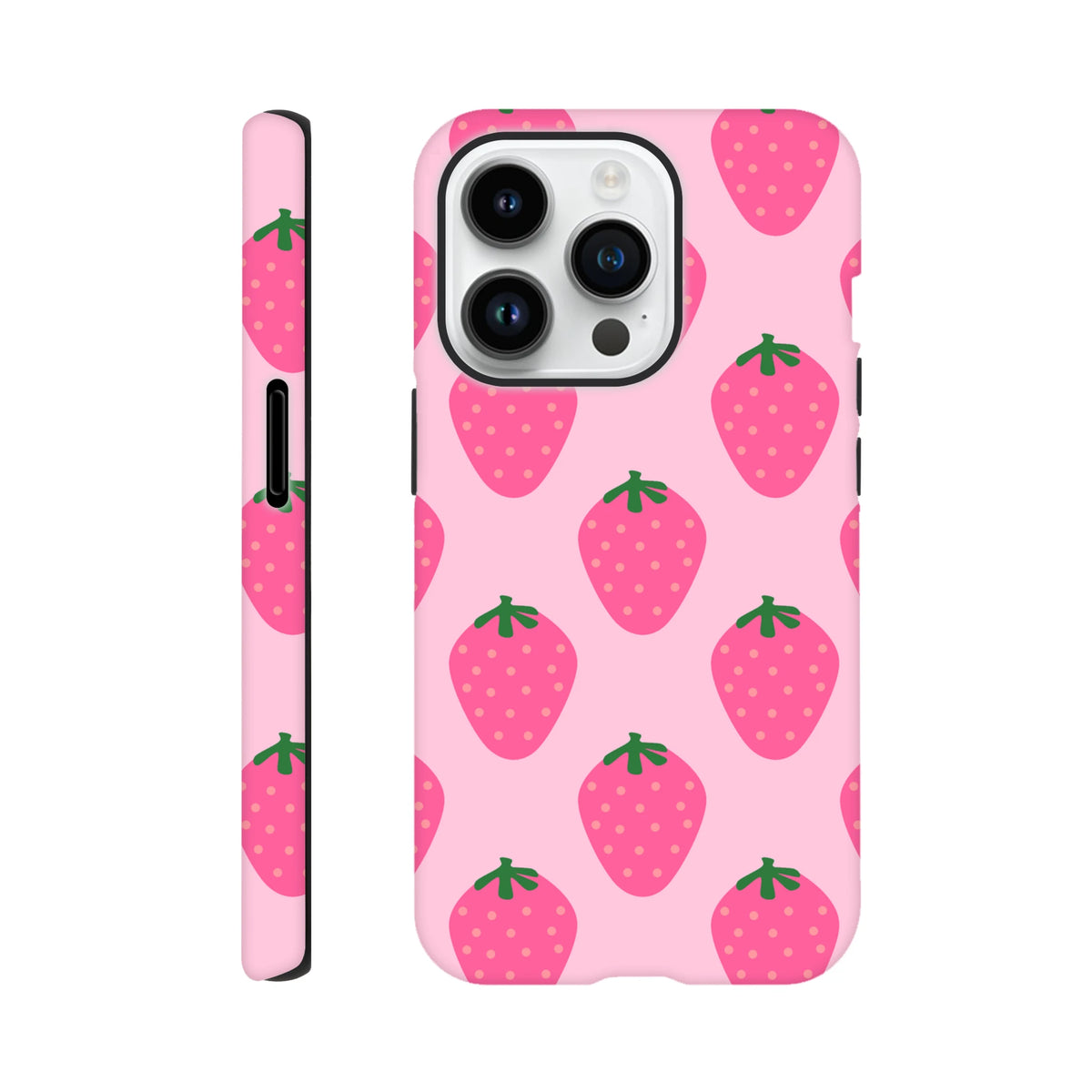 Pink tough iPhone case featuring a cute strawberry pattern with high-gloss wraparound printing for reliable defense on iPhone 13-16 models.