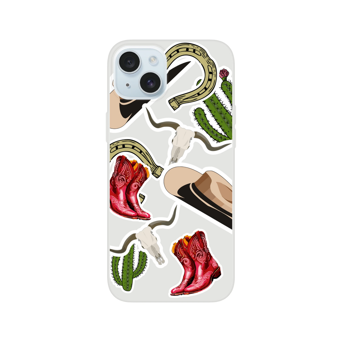 Western Cowboy Sticker iPhone Case with boots, cactus and horseshoe artwork
