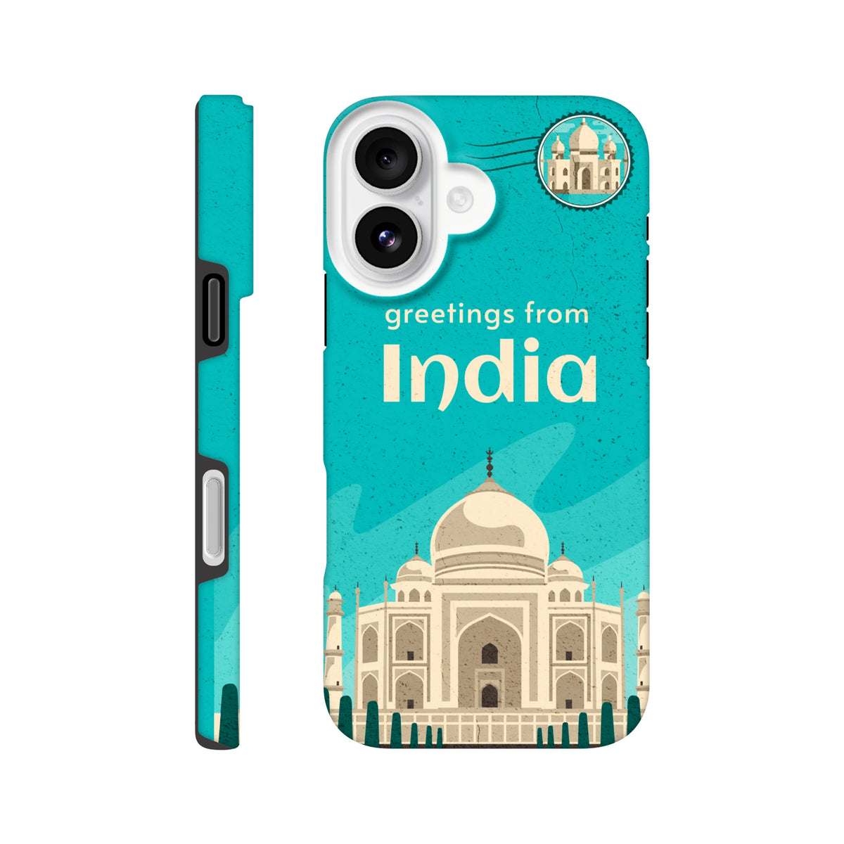 India Taj Mahal Postcard Tough iPhone Case (13-16) teal wraparound design with Taj Mahal illustration