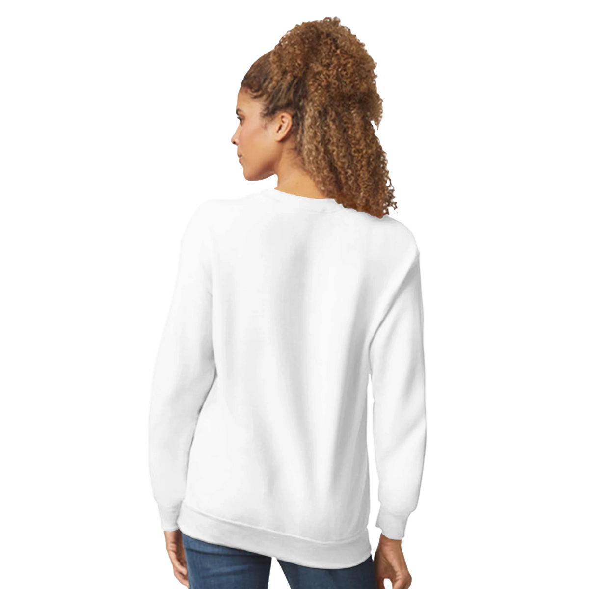 Back view of a women's white retro banana gingham sweatshirt featuring an oversized fit and long sleeves.