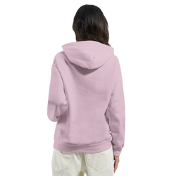 Back view of a women's light pink retro gingham hoodie pullover featuring a vintage cherry graphic.