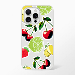 Transparent iPhone case featuring sticker-style cherries, limes, lemons, and strawberries for a fresh, colorful fruit aesthetic.