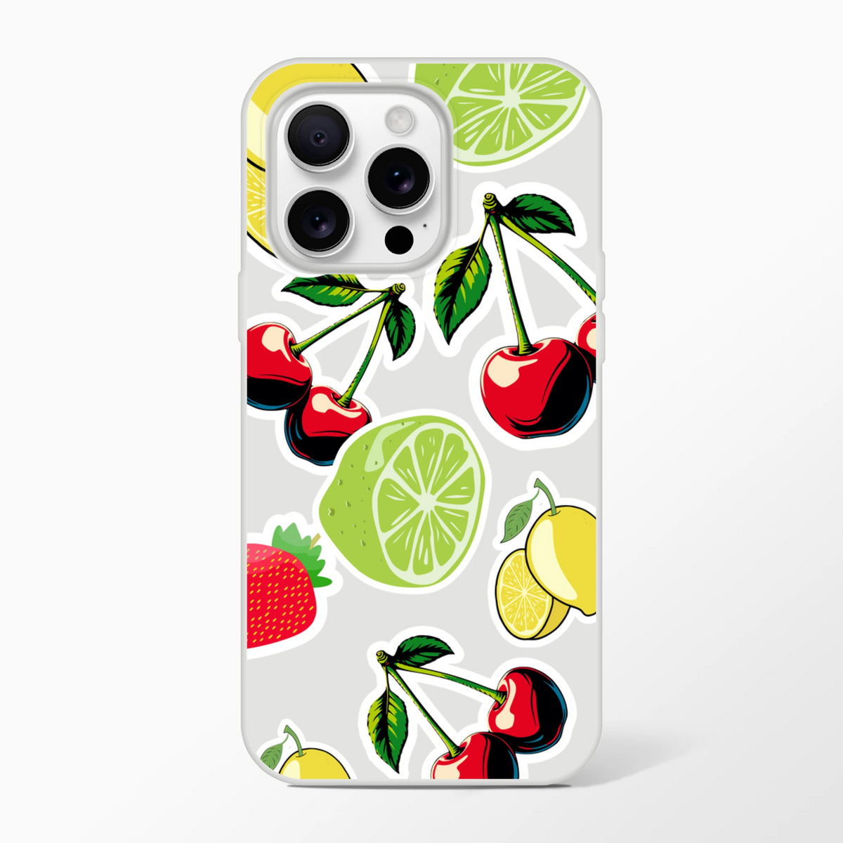 Transparent iPhone case featuring sticker-style cherries, limes, lemons, and strawberries for a fresh, colorful fruit aesthetic.