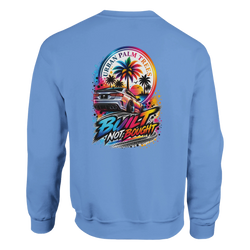 Blue sweatshirt back with "Built Not Bought" modified car graphic, Urban Palm Trees sunset art, and splatter details for petrolhead culture.
