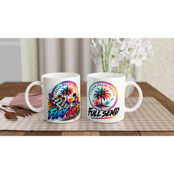 White ceramic mugs featuring "Flat Out" checkered flag and "Full Send" palm tree graphics for car enthusiasts.