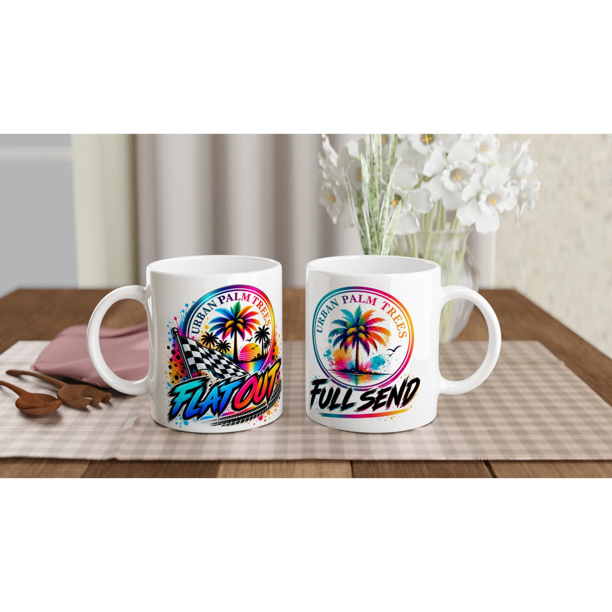 White ceramic mugs featuring "Flat Out" checkered flag and "Full Send" palm tree graphics for car enthusiasts.