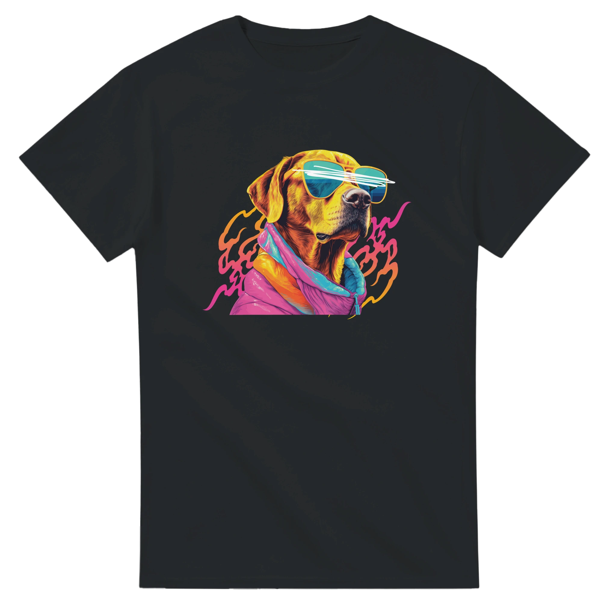 Colorful dog graphic wearing neon sunglasses and scarf on a black cotton tee
