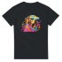 Colorful dog graphic wearing neon sunglasses and scarf on a black cotton tee