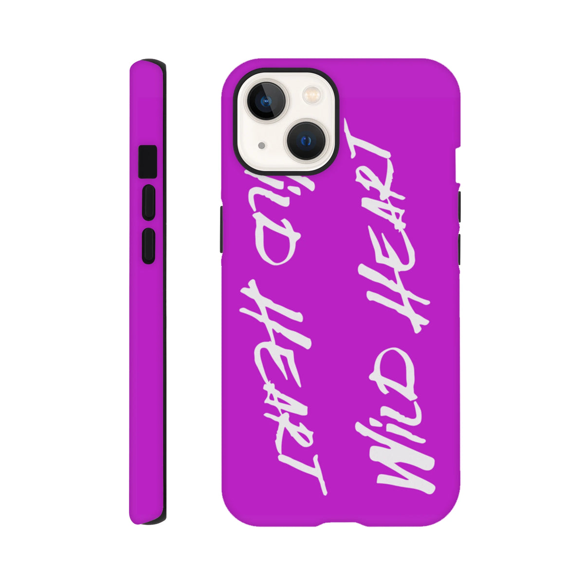 Vibrant purple iPhone case featuring vertical white "Wild Heart" script text and rugged shock-absorbing protection.