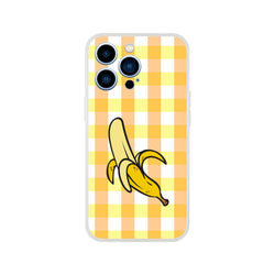 Yellow banana-gingham iPhone 13-16 case with bold checker print and banana graphic.