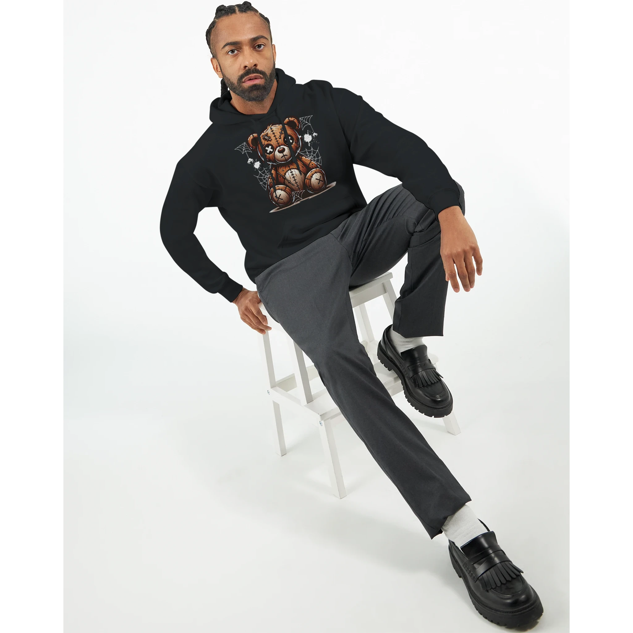Man wearing men's stressed teddy bear hoodie with graphic bear, 50/50 cotton-poly blend, sizes S–XL.