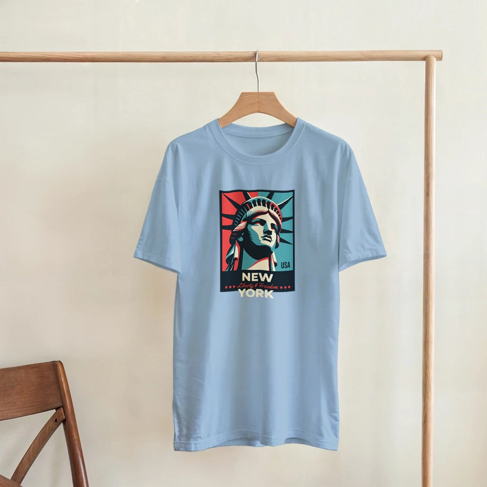 New York Men's Graphic T-Shirt in grey-blue with Statue of Liberty poster graphic, soft cotton blend, sizes S–XL