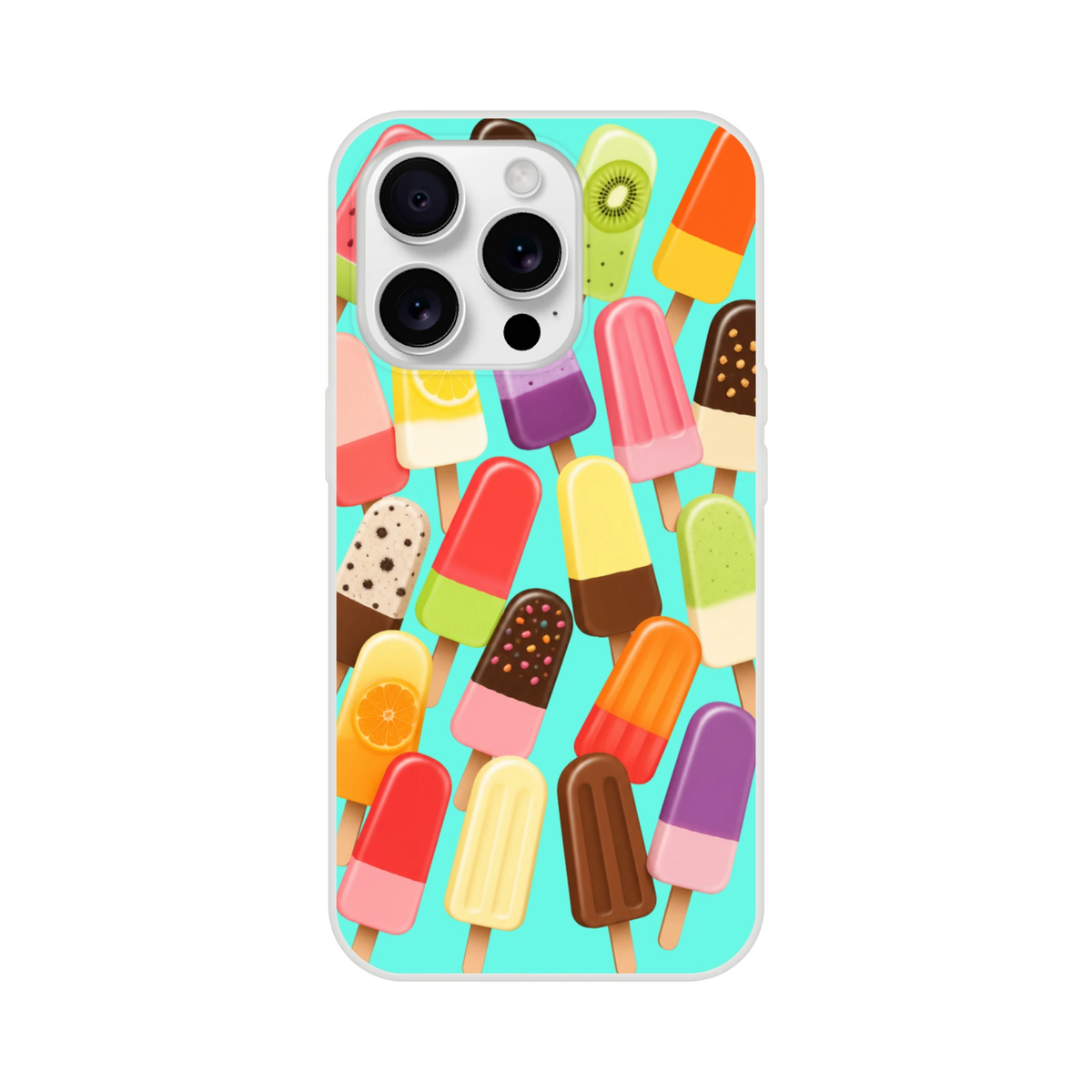 Retro summer popsicle iPhone case featuring colorful ice lolly pattern on turquoise background with shock-absorbing TPU protection.