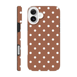 Retro brown and white polka dot iPhone case with dual-layer impact resistance and shock-absorbing TPU for iPhone 13-16.