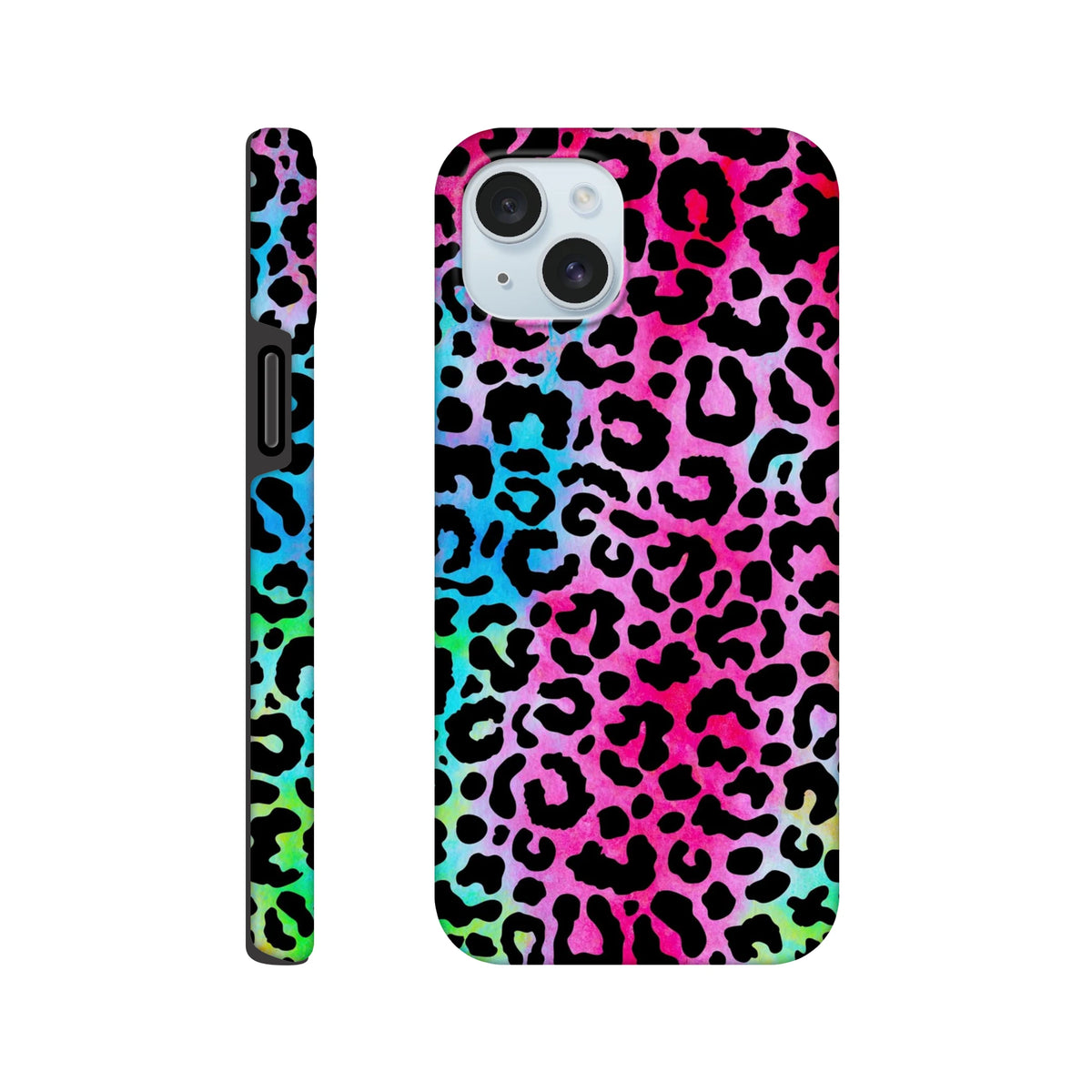 Vibrant rainbow leopard print tough iPhone case providing drop protection and bold street style animal print design.