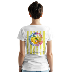 Back view of white retro lemon graphic t-shirt for women featuring striped fruit design and Urban Palm Trees badge print.