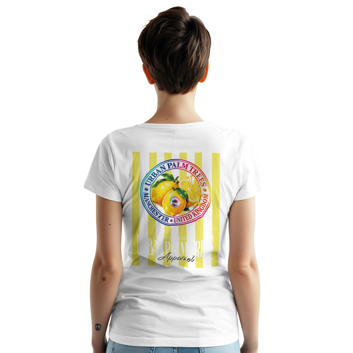 Back view of white retro lemon graphic t-shirt for women featuring striped fruit design and Urban Palm Trees badge print.