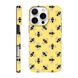 Yellow iPhone case featuring a cute bumble bee pattern with black and white bees on a bright yellow background for everyday protection.