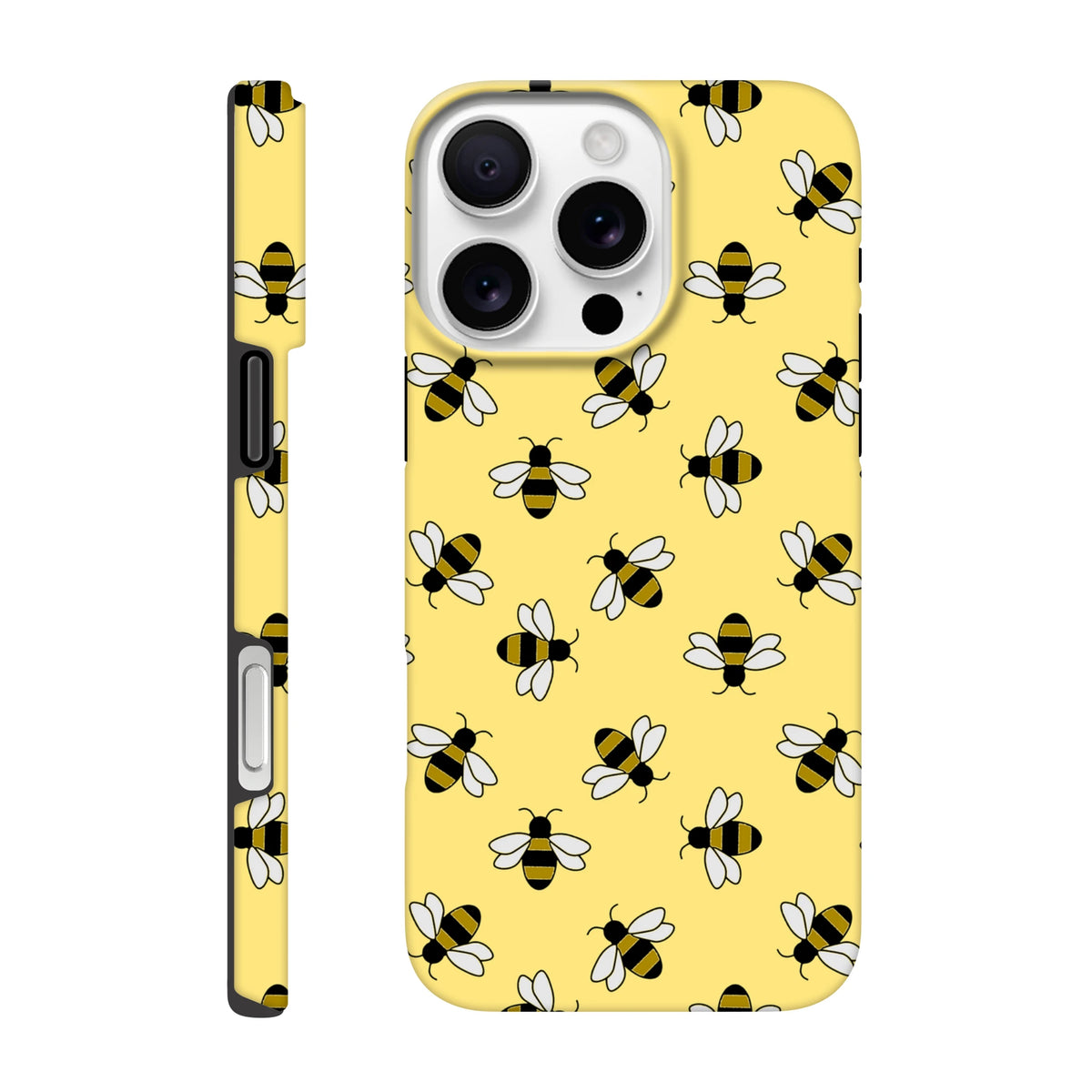 Yellow iPhone case featuring a cute bumble bee pattern with black and white bees on a bright yellow background for everyday protection.