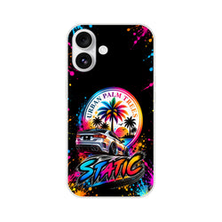 Static Slammed car culture iPhone case featuring a lowered silver sedan, colorful Urban Palm Trees sunset graphic, and vibrant paint splatters.
