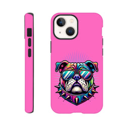 Pink tough iPhone case featuring a colorful retro bulldog with sunglasses and a spiked collar for iPhone 13-16.
