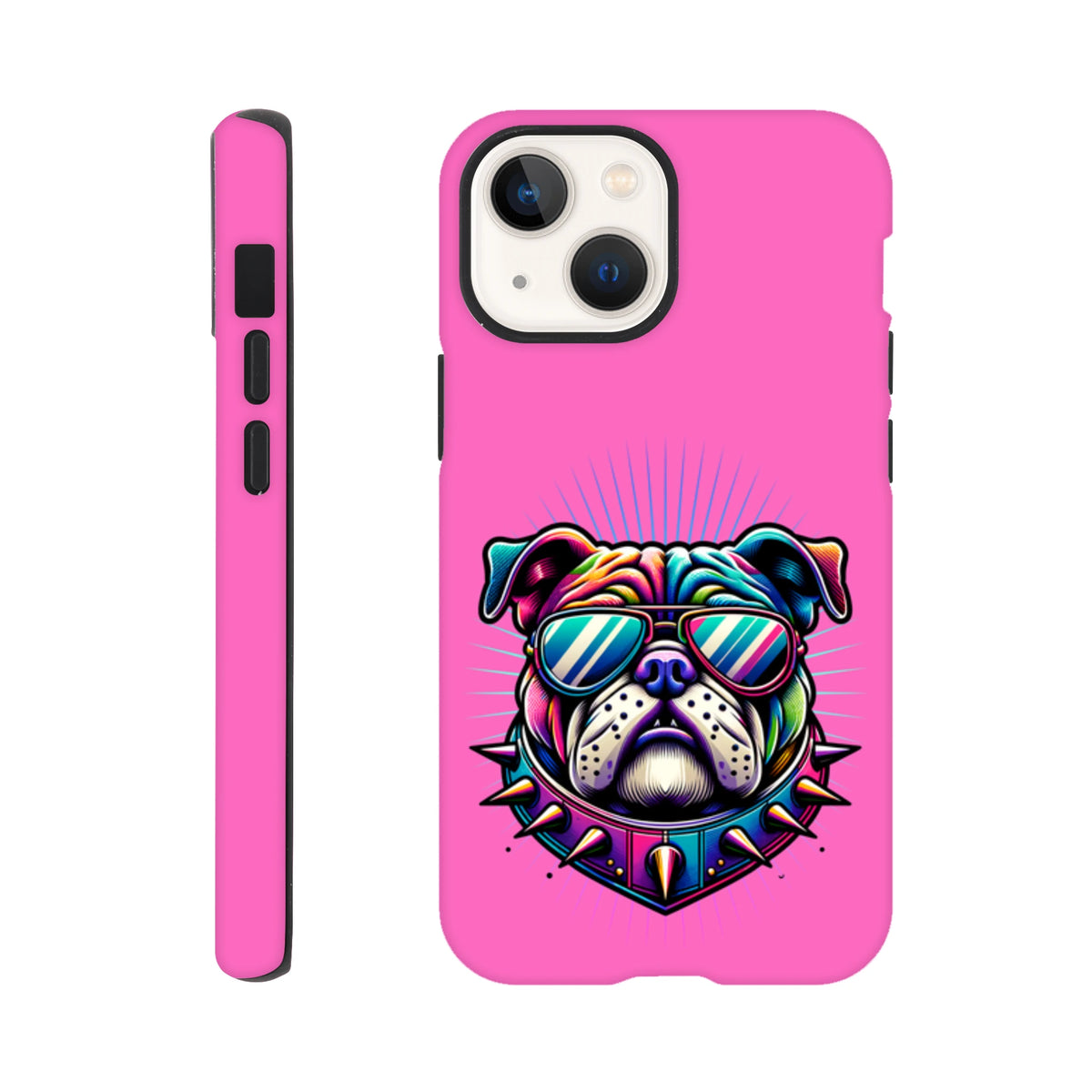 Pink tough iPhone case featuring a colorful retro bulldog with sunglasses and a spiked collar for iPhone 13-16.