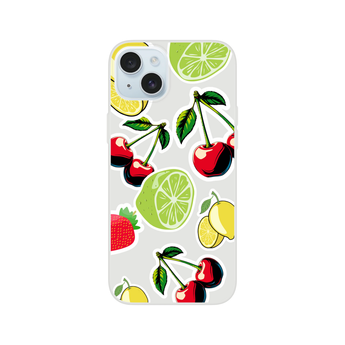 Transparent iPhone case featuring sticker-style cherry, lime, and lemon fruit graphics with white outlines on a clear background.