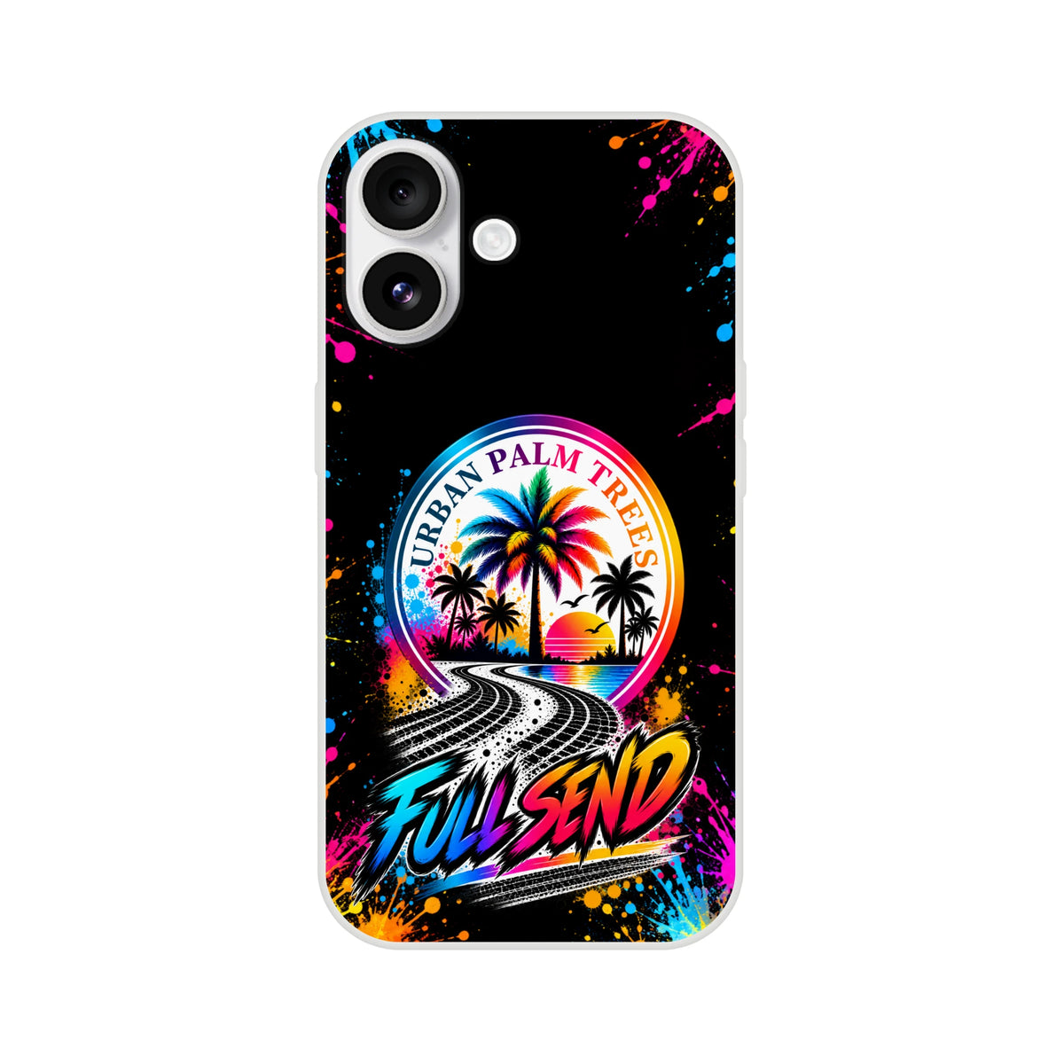 Full Send Urban Palm Trees iPhone case featuring colorful paint splatters, winding tire tracks, and vintage sunset palm tree graphic on black.