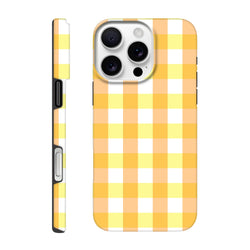 Retro yellow gingham checkered tough iPhone case providing secure protection with a nostalgic playset aesthetic for modern devices.