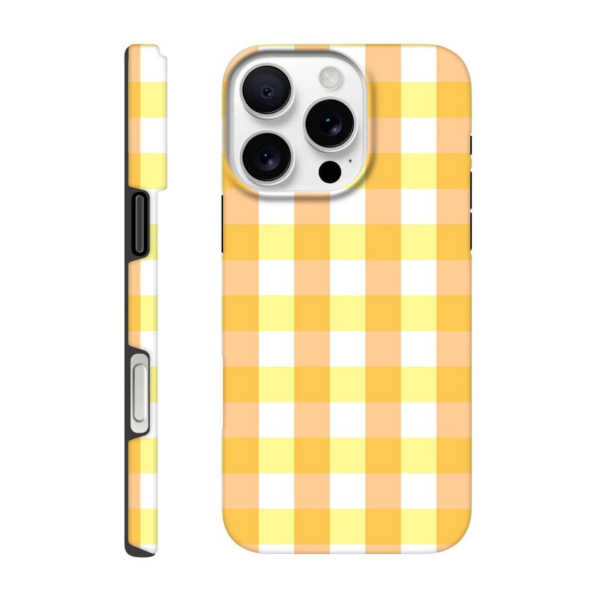Retro yellow gingham checkered tough iPhone case providing secure protection with a nostalgic playset aesthetic for modern devices.