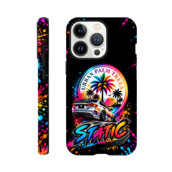 Static Slammed iPhone case with lowered silver car, "Urban Palm Trees" sunset graphic, and colorful paint splatter design.